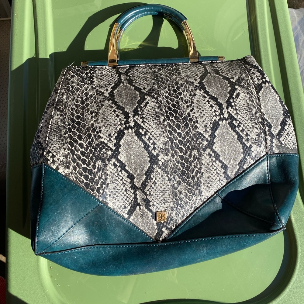 Late Laundry blue and snake print handbag